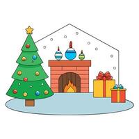 View of the room with a fireplace. Festive decorations and a Christmas tree. vector