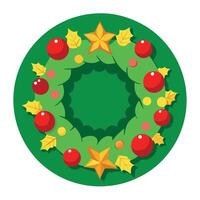Christmas wreath with red berries and stars on a green background vector