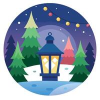 Christmas scene with a lantern. trees and blurred lights background. Christmas background vector