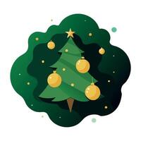 Green Christmas card with gold lights on abstract defocused dark background. top view vector