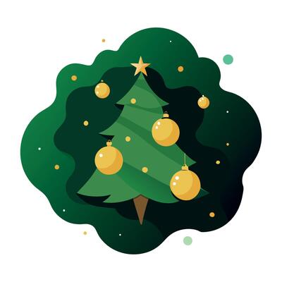 Green Christmas card with gold lights on abstract defocused dark background. top view