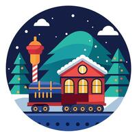 A train is traveling through the snow with a house in the background vector
