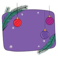 Purple christmas background with fir tree branches and baubles. Copy space vector