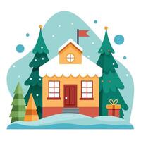Christmas scene with snow covered house. decorated trees and lanterns. beautiful banner vector