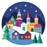 Christmas village with houses and trees in the snow vector