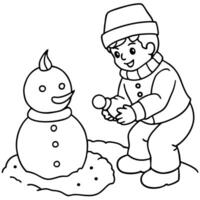 On a cold winter day. a little boy is playing in the snow. building a snowman vector