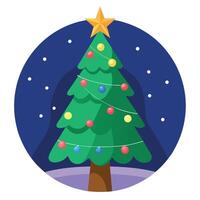 Christmas tree light up in the night with star at top. vector