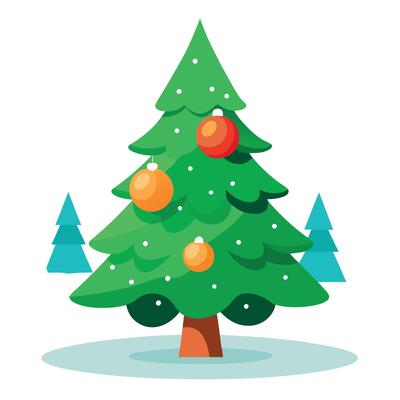 Beautiful green Christmas tree with decorative round balls in the winter forest
