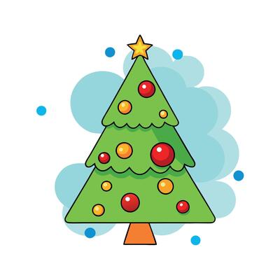 Christmas tree with red gold ornaments and baubles on blurred bokeh lights background.