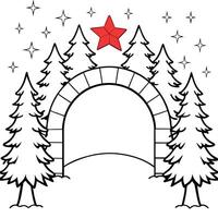 Red christmas arch for New Year's gifts with an empty mine space in the winter frosty forest. vector