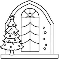 View of nice white christmas tree and window on its back. vector