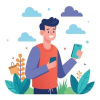 Man using smartphone in the park vector