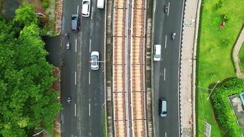 Drone Aerial View of Jakarta MRT Rail and Road Busy Traffic from Above video
