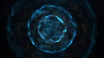 Abstract glowing sphere, energy ball shines brightly with rays of light, magic waves from particles and dots, atomic science abstract background, seamless loop video