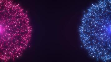 Abstract particle spheres on a dark background, energy ball, brightly shining rice of light, magic waves from particles and dots, abstract atomic scene background, seamless loop. video