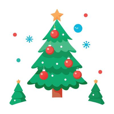 Beautiful Festive Christmas snowy background. Christmas tree decorated with red balls.
