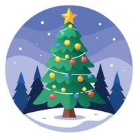 Christmas tree with stars and balls in the middle of a snowy forest vector