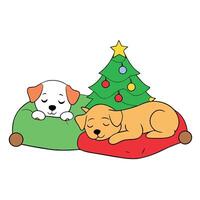 Two puppies are sleeping on a pillow in front of a christmas tree. image. vector