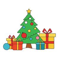 Various christmas presents under a christmas tree with ornaments. copy space. vector