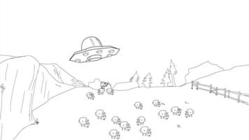 a drawing of a ufo spaceship invading a field with sheep video