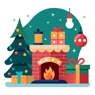 Christmas fireplace with presents and a tree