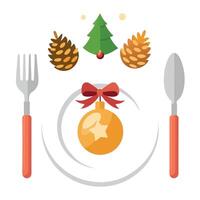 Christmas table setting with fork, knife and christmas tree vector