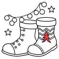 Red Christmas boots with a Christmas tree in the background and lights. Santa Claus boots vector