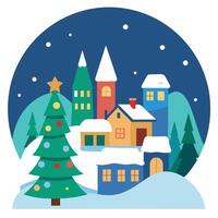Christmas scene with snow covered town and lit up christmas tree. vector