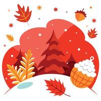 Christmas red magic background. snow. autumn leaves with pine cones . vector
