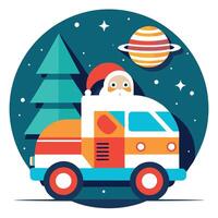Santa claus driving a van with christmas tree and planets vector