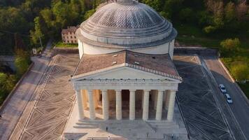 neoclassical temple in a natural context aerial view. Neoclassical architecture designed by Antonio Canova. Temple of Possagno in Veneto video