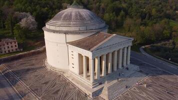neoclassical temple in a natural context aerial view. Neoclassical architecture designed by Antonio Canova. Temple of Possagno in Veneto video
