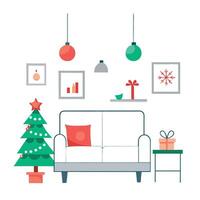 Christmas living room with christmas tree and presents vector