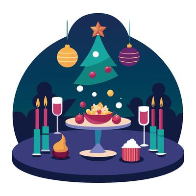 Christmas table with christmas tree, candles, and food