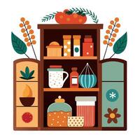 A kitchen cabinet with various items on it vector