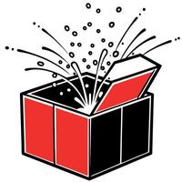 Open red gift box with light and splash effect on dark background. vector