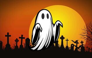 2d animation The ghost of a white sheet is floating past the silhouette of a cemetery, against an orange sky and a setting sun. video