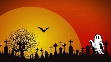 2d animation The ghost of a white sheet is floating past the silhouette of a cemetery, against an orange sky and a setting sun. video