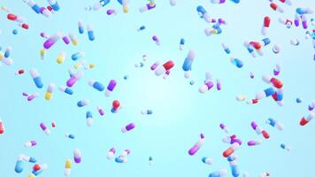 A Mesmerizing 3D Animation of Colorful Pills Floating Against a Blue Backdrop, Capturing the Essence of Modern Medicine and Healthcare. video