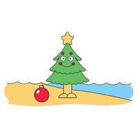 Christmas tree with red christmas ball on the beach. vector