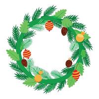 Green christmas tree branches. fir tree wreath frame with pine cones and tinsel vector