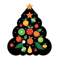 Christmas tree made of healthy food on black background. Top view with copy space mixed fruits vector
