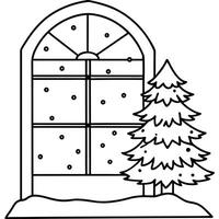 Christmas tree with snowing outside large window Christmas Background vector