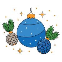 Christmas background with blue baubles. pine cones and bokeh. Beautiful christmas card. vector