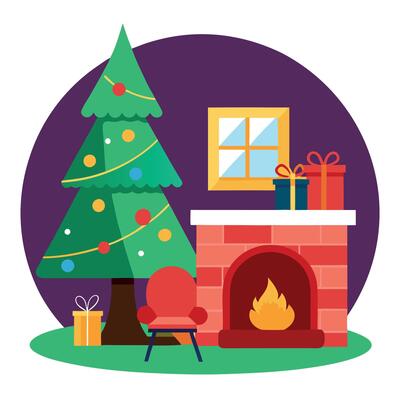 Christmas fireplace with presents and a tree