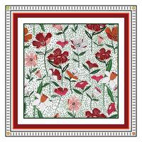 Hand Drawn Red Flower with Doted Line Textured Background Square shape Scarf Print Pattern vector