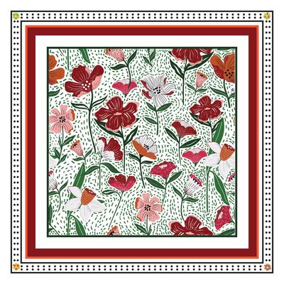 Hand Drawn Red Flower with Doted Line Textured Background Square shape Scarf Print Pattern