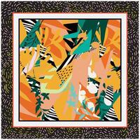 Abstract camouflage Leaf Print Pattern in Square Shape Scarf with Textured Border. vector