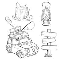Essentials for an Unforgettable Camping Adventure Car, Lantern, and Signpost for Guidance. sketch illustration. Tourism vector