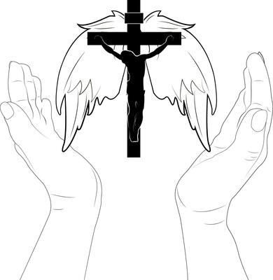 Crucifixion cross. Angel wings. Hands in prayer. Divine guidance.